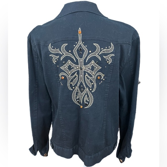 🔥🔥Jean Jacket Size XL Erin London Black Boho Embellished Embroidery - Picture 2 of 3